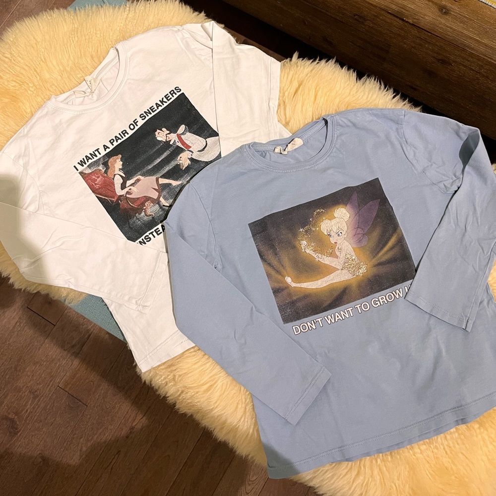 Set of 2! Zara Size9 Disney Tinkerbell and Cinderella Print Long Sleeve shirt